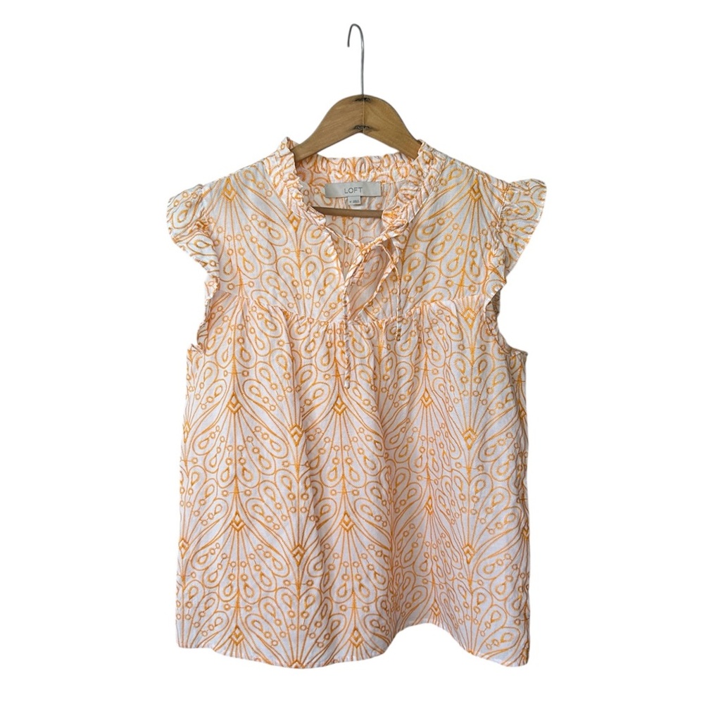 Ann Taylor LOFT | Womens White/Orange Ruffle Collar/Cap Sleeve Embroidered Top M - Picture 3 of 16